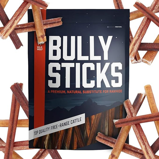 Wild Wolf 6-inch Angus Bully Sticks (8 Ounces) Healthy, All-Natural, Long-Lasting Dog Chew Bones - Odor-Free - Mixed Thickness
