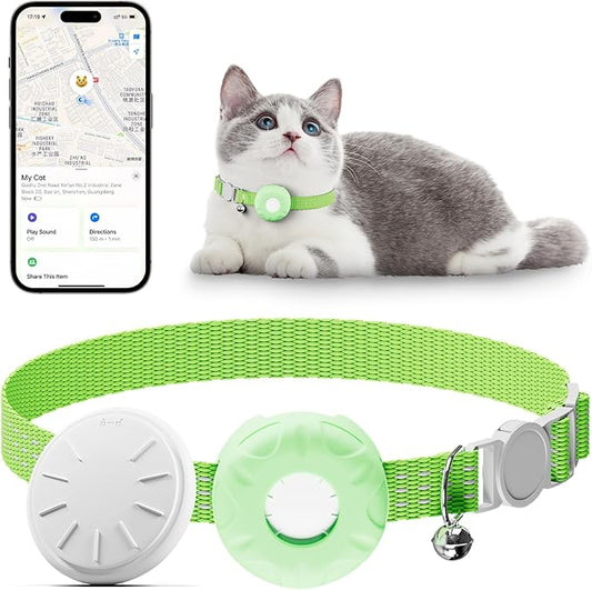 Cat Tracker, Waterproof Pet Tracker for Cats, Cat GPS Tracker Collar with Safety Elastic Buckle, Compatible with Apple Find My App (Only iOS), No Monthly Fee, Light Green