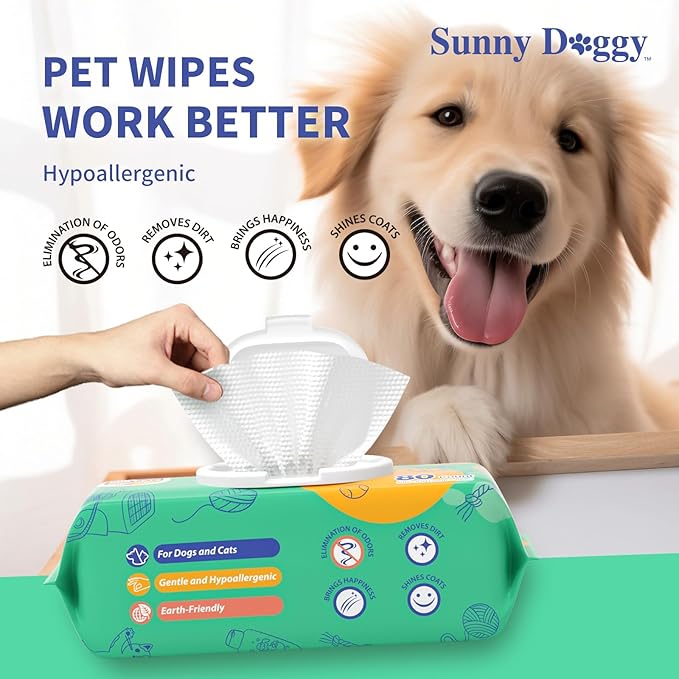 Pet Wipes 240 Count, Dog Wipes Cleaning Deodorizing Cat Wipes, 8 x 8 Inch Dog Grooming Wipes for Butt Paws Ear Eyes and Body, Pack of 3