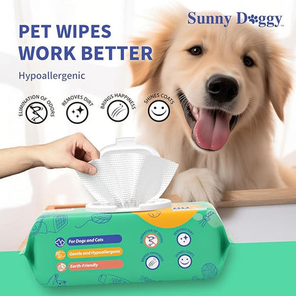 Pet Wipes 240 Count, Dog Wipes Cleaning Deodorizing Cat Wipes, 8 x 8 Inch Dog Grooming Wipes for Butt Paws Ear Eyes and Body, Pack of 3