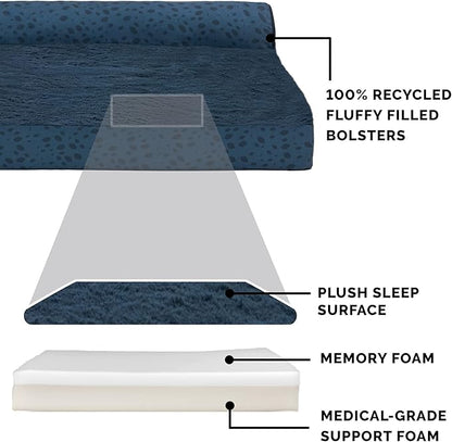 Furhaven Memory Foam Dog Bed for Large Dogs w/ Removable Bolsters & Washable Cover, For Dogs Up to 125 lbs - Plush & Almond Print L Shaped Chaise - Blue Almonds, Jumbo Plus/XXL