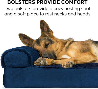 Furhaven Memory Foam Dog Bed for Large Dogs w/ Removable Bolsters & Washable Cover, For Dogs Up to 125 lbs - Plush & Velvet L Shaped Chaise - Deep Sapphire, Jumbo Plus/XXL
