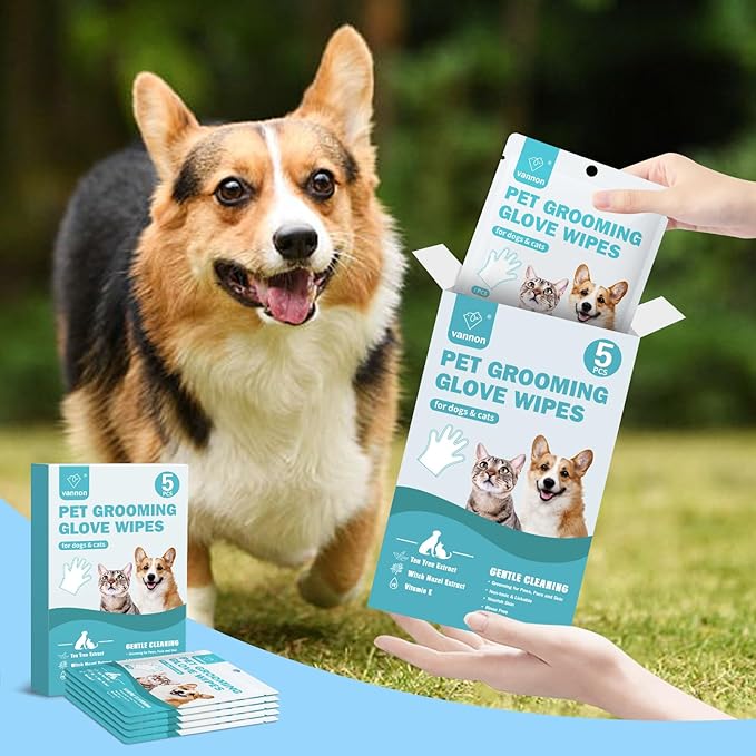 Vannon Portable Pet Bathing Wipes for Dogs & Cats, Cleaning & Odor-Controlling Extra Thick Grooming Glove Wipes for Daily Care and Traveling, Rinse Free, Nourish Fur, Individually Packaged, 5 PCS