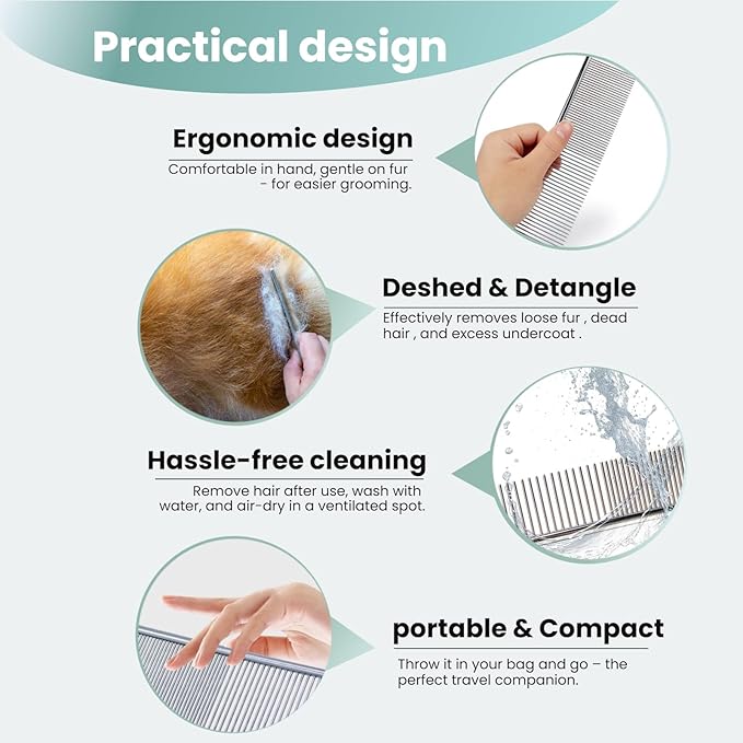 [3 Pack] Stainless Steel Pet Comb Set – Grooming Combs for Dogs & Cats, Large Medium Small Sizes – Detangler, Undercoat Rake, Flea Removal Tool for Long, Short, Curly Hair