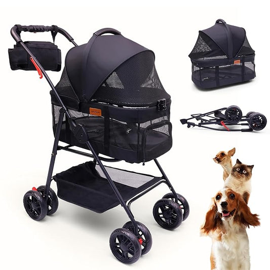 Pet Stroller for Small Dogs Cats with Wheels, Detachable Carrier, Max Load 33 lbs, Easy Folding, Compact Portable, Dog Carriage & Stroller & Car Seat 3 in 1 Animal Stroller (Black)