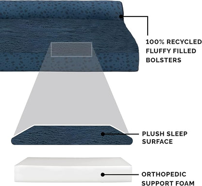 Furhaven Orthopedic Dog Bed for Large Dogs w/ Removable Bolsters & Washable Cover, For Dogs Up to 125 lbs - Plush & Almond Print L Shaped Chaise - Blue Almonds, Jumbo Plus/XXL