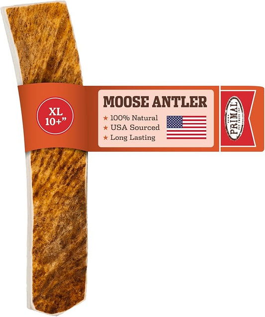 Primal Antlers for Dogs - Grade A Split Moose Antlers for Large Dogs 45-60 lb - Natural Dog Chews for Aggressive Chewers - Naturally Shed Antlers - Long Lasting Dog Bones - 1 ct