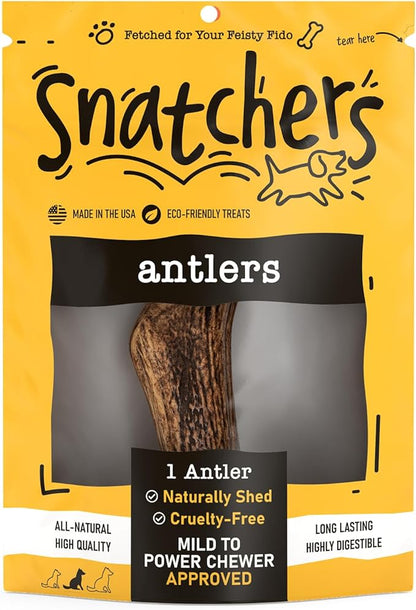Snatchers Whole Elk Antlers for Mild to Aggressive Chewers – Durable, Naturally Shed Antlers for Dogs Processed in the USA with No Additives – Vitamin-Rich Dog Treats for Fun & Health (Medium 1 Count)