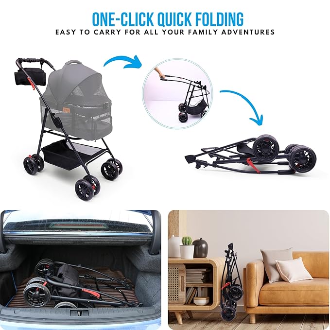 Pet Stroller for Small Dogs Cats with Wheels, Detachable Carrier, Max Load 33 lbs, Easy Folding, Compact Portable, Dog Carriage & Stroller & Car Seat 3 in 1 Animal Stroller (Black)