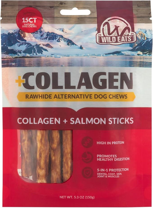 Real Salmon Collagen Sticks for Dogs, (15ct, 1cm Thick) Healthy Bully Stick - Long Lasting Dog Chew Treat