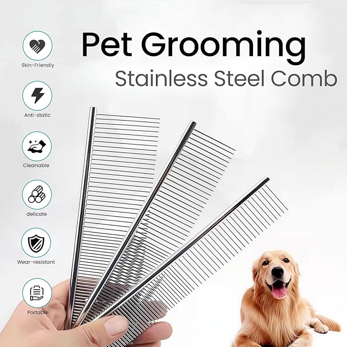 [3 Pack] Stainless Steel Pet Comb Set – Grooming Combs for Dogs & Cats, Large Medium Small Sizes – Detangler, Undercoat Rake, Flea Removal Tool for Long, Short, Curly Hair