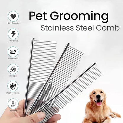 [3 Pack] Stainless Steel Pet Comb Set – Grooming Combs for Dogs & Cats, Large Medium Small Sizes – Detangler, Undercoat Rake, Flea Removal Tool for Long, Short, Curly Hair