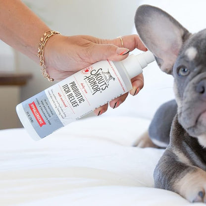 SKOUT'S HONOR Probiotic Itch Relief Spray for Pets - Non-Medicated, Fragrance-Free, Natural, Vegan, Long-Lasting Relief, with Soothing Oatmeal, 8 oz