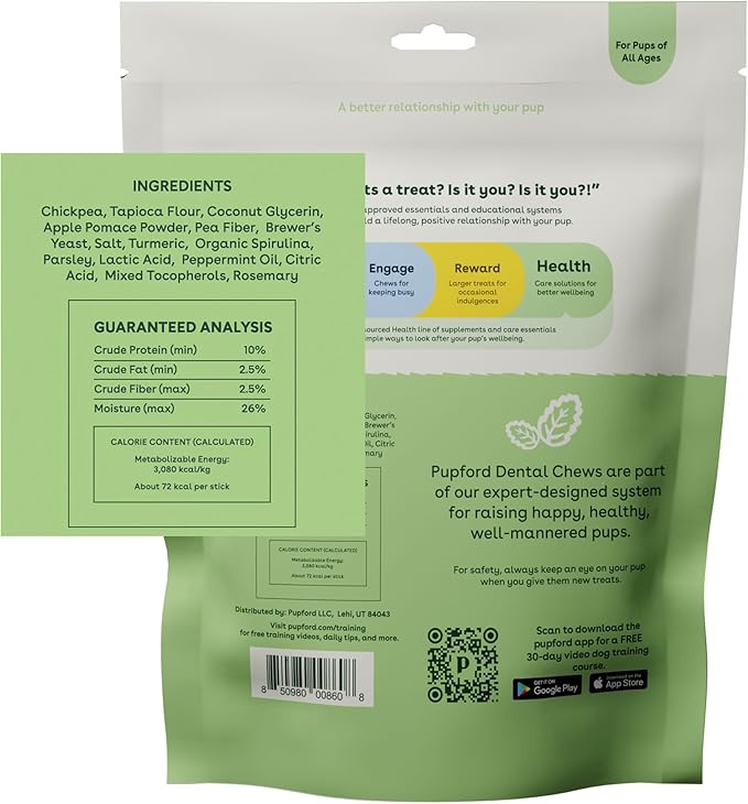 Pupford Dental Chews for Dogs | Freshens Breath, Scrapes Plaque, Safe for Gut | Healthy, Limited Ingredient, All Natural |Yummy & Made in USA | Free Training Resources | 30 Count