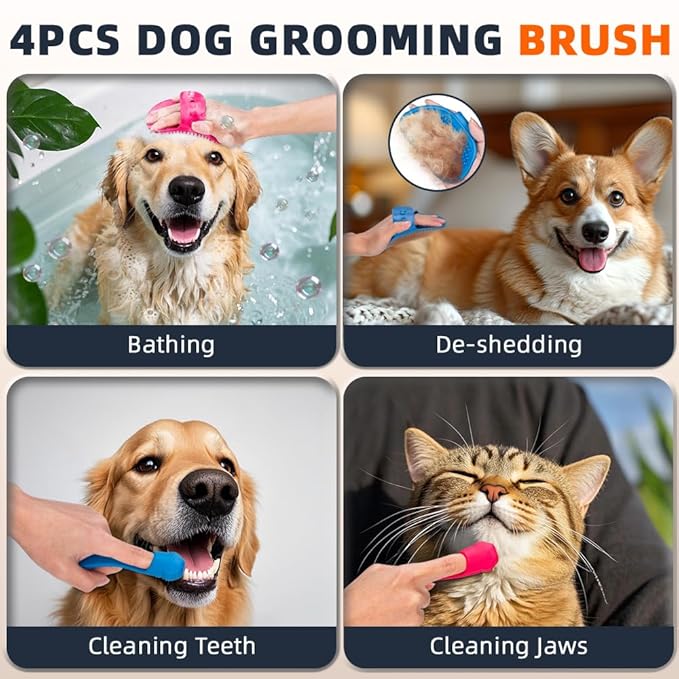 4PCS Dog Bath Brush | Scrubber for Bath | Shampoo Brush | Toothbrush | Finger Toothbrush | Dog Shower/Washing Brush with Adjustable Ring Handle - Pet Bath Supplies (Blue Red)