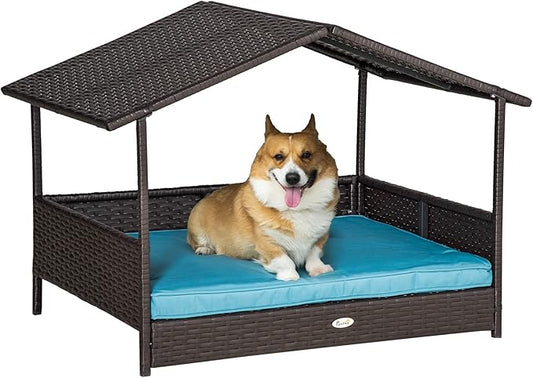 PawHut Wicker Dog House Outdoor with Canopy, Rattan Dog Bed with Water-Resistant Cushion, Raised Dog Bed for Small, Medium Dogs up to 66 lbs, 19.75" in Length, Brown Wicker, Blue Cushion