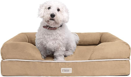 Friends Forever Large Dog Bed, Orthopedic Dog Sofa Memory Foam Mattress, Calming Dog Couch Bed, Wall Rim Pillow, Water Resistant Liner, Washable Cover, Non-Slip Bottom, Chester, Large Khaki Beige