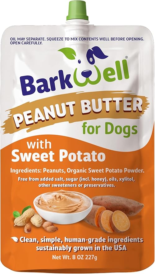Peanut Butter Squeeze - 8oz Pouch Sweet Potato All-Natural Dog Peanut Butter, Sourced and Made in The USA
