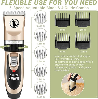 Ceenwes Dog Clippers Low Noise Pet Clippers Rechargeable Trimmer Cordless Grooming Tool Professional Dog Hair Trimmer with Comb Guides Scissors for Dogs Cats & Others（Gold）