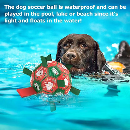 QDAN Christmas Dog Toys Soccer Ball with Straps, Outdoor Interactive Dog Toys for Tug of War, Puppy Birthday Gifts, Dog Tug Toy, Dog Water Toy, Durable Dog Balls for Medium & Large Dogs（8 Inch）