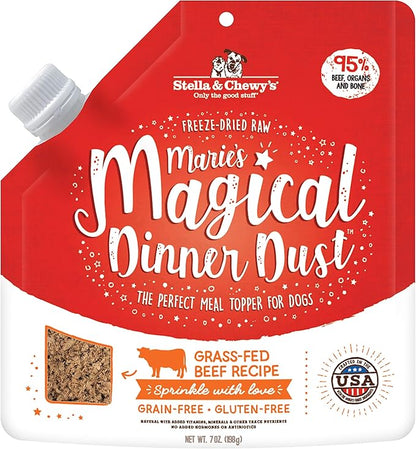 Stella & Chewy's Freeze-Dried Raw Marie's Magical Dinner Dust – Protein Rich, Grain Free Dog & Puppy Food Topper – Grass-Fed Beef Recipe – 7 oz Bag