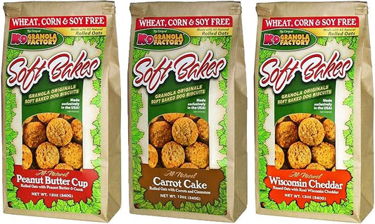 K9 Granola Factory 3 Flavor Soft Bakes Dog Treat Variety Pack, 12 Ounces Each of Peanut Butter Cup & Carrot Cake & Wisconsin Cheddar