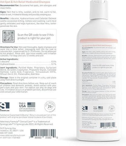 Veterinary Formula Clinical Care Hot Spot & Itch Relief Medicated Shampoo for Dogs and Cats 16oz – Helps Alleviate Sensitive Skin, Scratching, and Licking of Coat