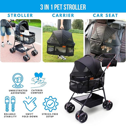 Pet Stroller for Small Dogs Cats with Wheels, Detachable Carrier, Max Load 33 lbs, Easy Folding, Compact Portable, Dog Carriage & Stroller & Car Seat 3 in 1 Animal Stroller (Black)