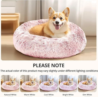 JOLLYVOGUE Dog Bed Cat Bed, Anti-Anxiety Small Dog Bed, Calming Donut Dog Bed for Puppy, Cozy Cat Bed, Fluffy Dog Beds for Small Dogs, Washable Round Puppy Bed for Indoor Pets (20"/Smoke Pink