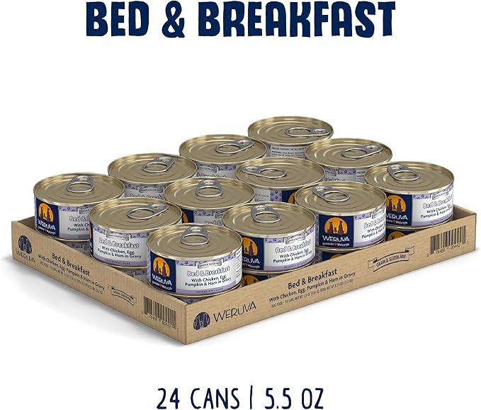 Weruva Classic Dog Food, Bed & Breakfast with Chicken, Egg, Pumpkin & Ham in Gravy, 5.5oz Can (Pack of 24), Blue