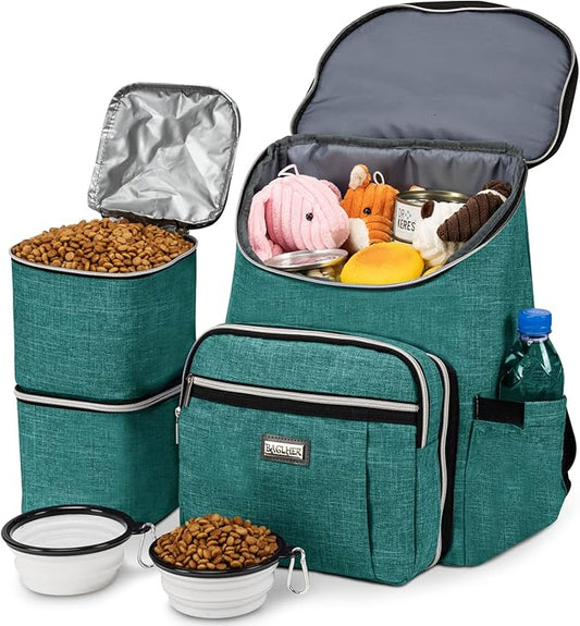 BAGLHER Travel Dog Backpack - Detachable Travel Dog Food Container for Pet Supplies Dog Gear Backpack,Dog Bag for Traveling with 2 Silicone Collapsible Bowls and 2 Food Baskets Green