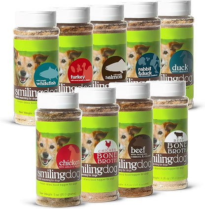 Herbsmith Kibble Seasoning – DIY Raw Coated Kibble Mixer - Dog Food Topper for Picky Eaters [Bundle of Beef, Duck, Chicken, Beef Bone Broth, Chicken Bone Broth, Rabbit, Turkey, Salmon, And Whitefish]
