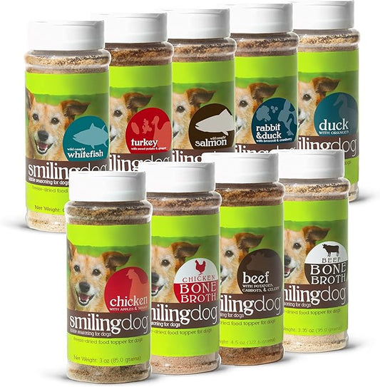 Herbsmith Kibble Seasoning – DIY Raw Coated Kibble Mixer - Dog Food Topper for Picky Eaters [Bundle of Beef, Duck, Chicken, Beef Bone Broth, Chicken Bone Broth, Rabbit, Turkey, Salmon, And Whitefish]
