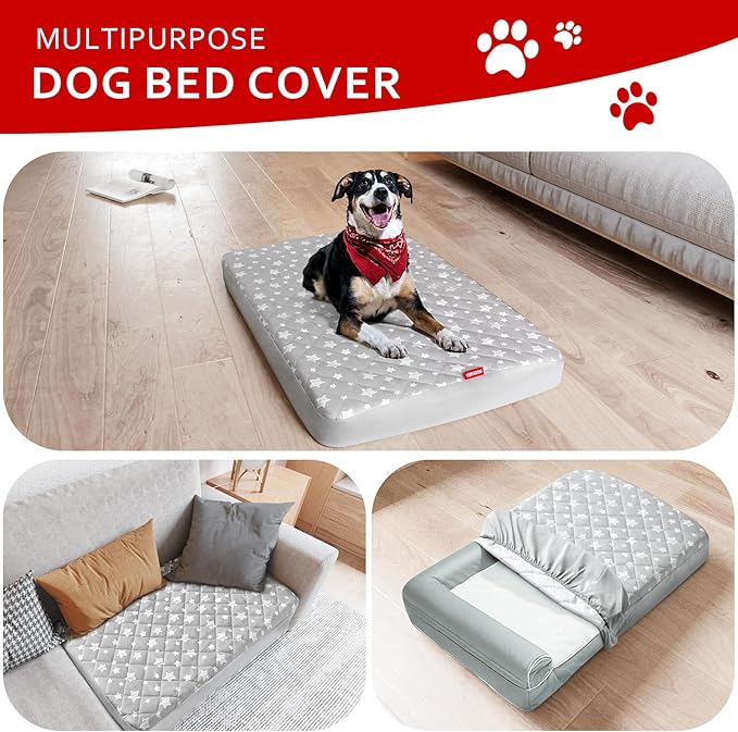 Dog Bed Covers Replacement Washable Pet Hair Easy to Remove, Waterproof Dog Bed Covers Noiseless Quilted, Pet Bed Cover Lovely Grey Star Print, Puppy Bed Cover 15x20 Inches, for Dog/Cat, Cover Only