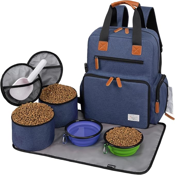 Modoker Dog Travel Bag, Airline Approved Backpack for Pet Accessories Organizer, Tote Weekend Bag with 2 Dog Food Storage Containers, 2 Collapsible Dog Bowls, 1 Pet Mat, Blue