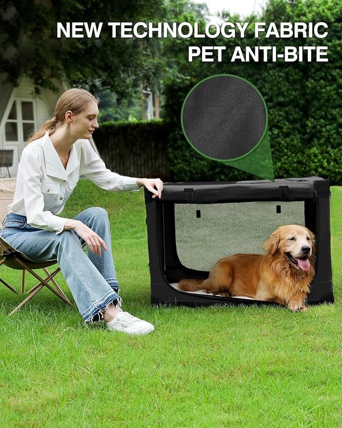 24 Inch Collapsible Travel Dog Crate for Medium Large Dogs, Portable Dog Crate 4-Door Foldable Soft Kennel with Chew-Proof Mesh Windows for Indoor & Outdoor Travel,with Storage Bag,Black