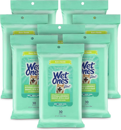 Wet Ones for Pets Extra Gentle Dog Wipes with Witch Hazel for Snout, Eye, Ear, Fragrance-Free Dog Wipes for All Dogs Wipes with Wet Lock Seal (Pack of 8, 240 Count Total)