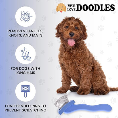 We Love Doodles Dog Slicker Brush for Grooming Pet Hair - Best Brushes For Poodle & Golden Doodle - Long Haired Brush For Dogs - Goldendoodle Long Pin Brush For Dematting (Medium Curved)