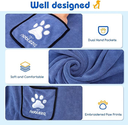Nobleza Dog Towel, Super Absorbent Large Pet Towel with Hand Pockets, Microfiber Quick Drying Dog Towels for Drying Dogs, Mazarine