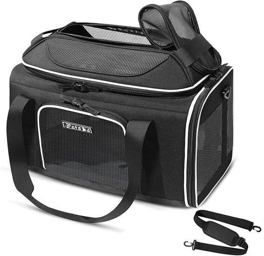 Petskd Top-Expandable Pet Carrier 18x13x9.5 Inches Southwest Allegiant Airline Approved, Soft-Sided Carrier for Small Cats and Dogs with Locking Safety Zippers and Anti-Scratch Mesh(Black)