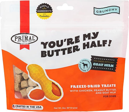 Primal Freeze Dried Dog Treats; Chicken & Peanut Butter Dog Treats with Goat Milk for Dogs, You're My Butter Half, Grain Free Training Treats for Dogs with Probiotics, 2 oz