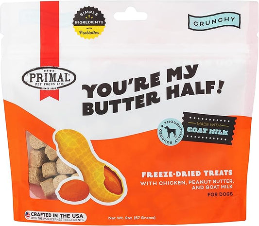 Primal Freeze Dried Dog Treats; Chicken & Peanut Butter Dog Treats with Goat Milk for Dogs, You're My Butter Half, Grain Free Training Treats for Dogs with Probiotics, 2 oz