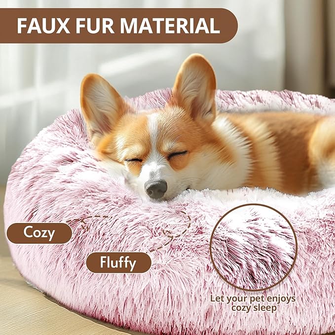 JOLLYVOGUE Dog Bed Cat Bed, Anti-Anxiety Small Dog Bed, Calming Donut Dog Bed for Puppy, Cozy Cat Bed, Fluffy Dog Beds for Small Dogs, Washable Round Puppy Bed for Indoor Pets (20"/Smoke Pink