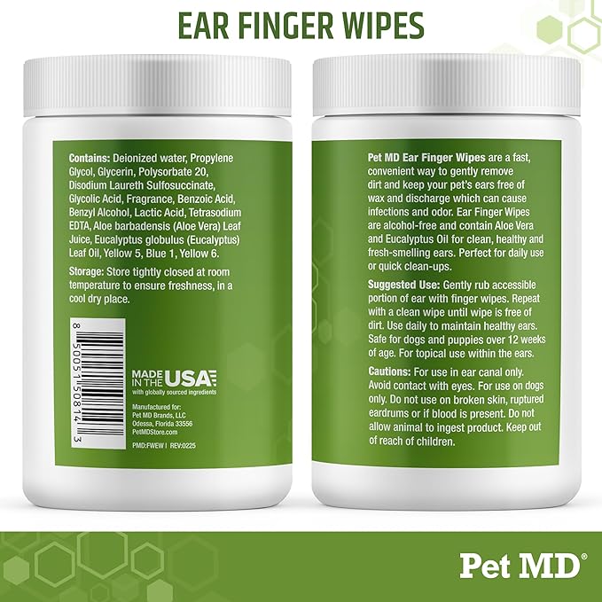 Pet MD Ear Finger Wipes for Dogs - Extra-Coverage and Large Design - with Eucalyptus and Aloe Vera for Dogs - Pet Ear Cleaning Finger Wipes & Puppy Ear Cleaner - 50ct