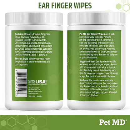 Pet MD Ear Finger Wipes for Dogs - Extra-Coverage and Large Design - with Eucalyptus and Aloe Vera for Dogs - Pet Ear Cleaning Finger Wipes & Puppy Ear Cleaner - 50ct