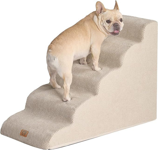 EHEYCIGA Curved Dog Stairs Ramp for High Beds 22.6" H, 5-Step Dog Steps for Small Dogs and Cats, Pet Stairs for High Bed Climbing, Non-Slip Balanced Pet Step Indoor, Beige