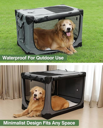 24 Inch Collapsible Travel Dog Crate for Medium Large Dogs, Portable Dog Crate 4-Door Foldable Soft Kennel with Chew-Proof Mesh Windows for Indoor & Outdoor Travel,with Storage Bag,Grey