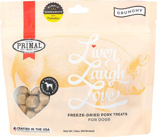 Primal Freeze Dried Dog Treats; Pork Liver Dog Treats with Probiotics for Dogs; Liver, Laugh, Love; Crunchy Grain Free Training Treats for Dogs, 1.5 oz