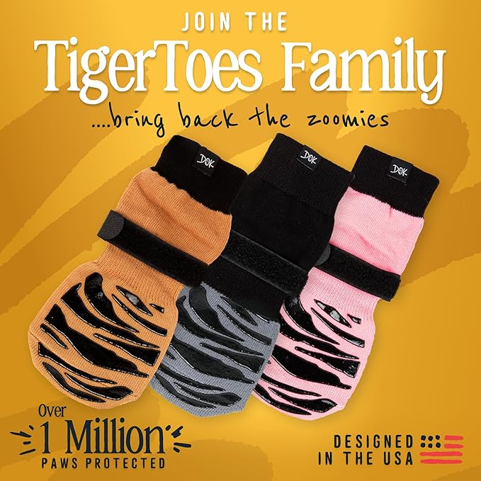 DOK TigerToes Premium Non-Slip Dog Socks for Hardwood Floors - Extra-Thick Grip That Works Even When Twisted - Prevents Licking, Slipping, and Great for Dog Paw Protection - Size Large