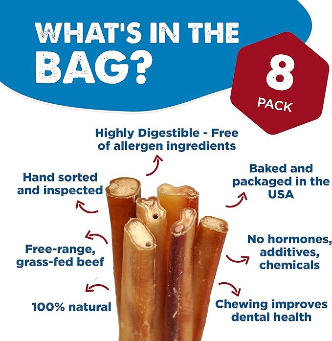 Best Bully Sticks 12 Inch Jumbo Bully Sticks for Large Dogs - 100% Natural, Grass-Fed Beef - Single Ingredient Grain and Rawhide Free Bully Stick Dog Chews | 8 Pack